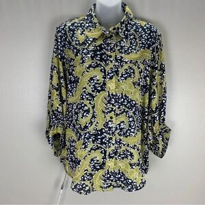 Mela Purdie Black Gold Yellow Leaf Printed Button Up Long Sleeve Top Small boho